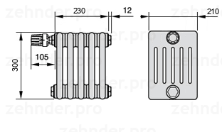 Схема (чертеж) Радиатор Zehnder Charleston 6030/5 №V012 Белый глянцевый RAL 9016